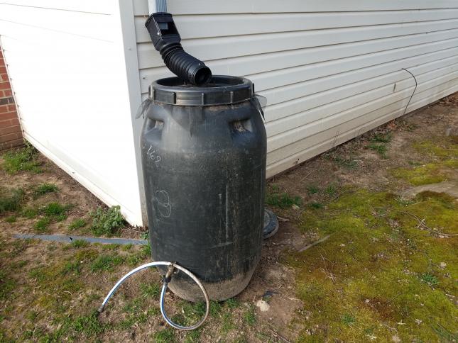 black rain barrel next to white house, build your own rain barrel for your climate victory garden